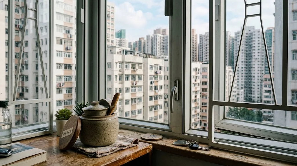 緊湊茶具套裝置於香港公寓窗台,窗外可見城市景觀 | Compact tea set on Hong Kong apartment windowsill with city view