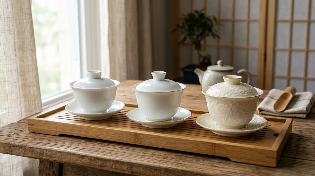 三檔次白瓷蓋碗套裝並列展示,從入門到進階的視覺比較 | Three tiers of white porcelain gaiwan sets displayed side by side