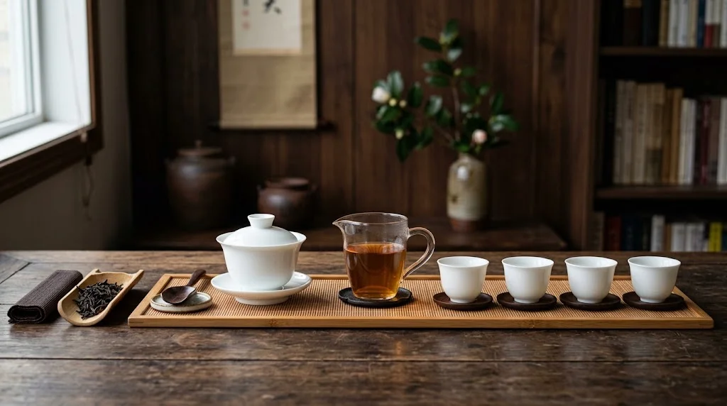 完整工夫茶具入門套裝——蓋碗、公道杯、四隻品茗杯整齊排列 | Complete gongfu tea set including gaiwan, fairness cup, and four tasting cups