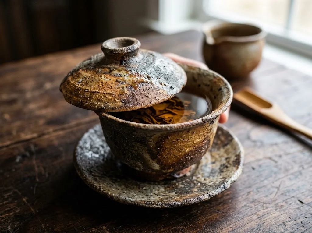 手工柴燒蓋碗釉色特寫 — Handmade wood-fired gaiwan glaze close-up