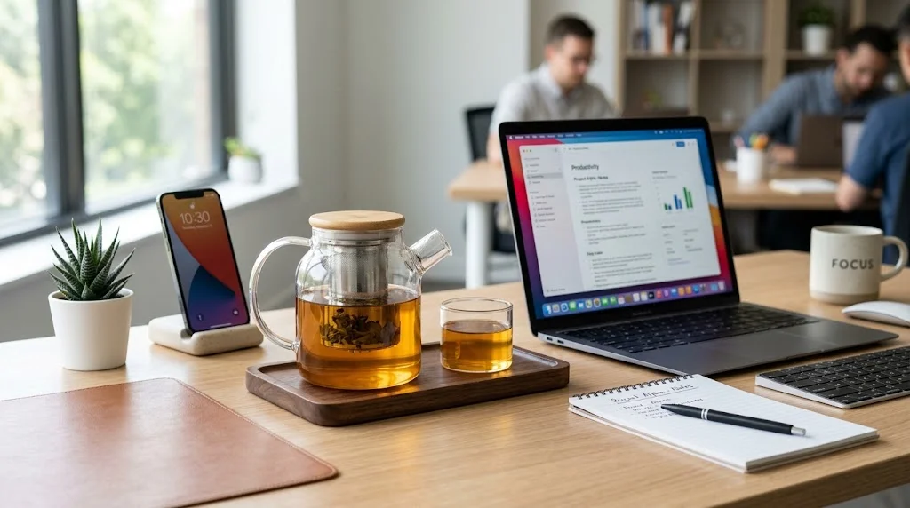 便攜快泡茶具放置於現代辦公桌上，一體式設計適合忙碌生活 | Portable quick-brew tea set on a modern office desk